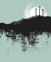 Obraz premium Vector easter banner or icon on Christian theme with three crosses on the hill Calvary on sundown on scratched background in grunge style. No ai