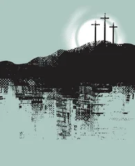 Vector easter banner or icon on Christian theme with three crosses on the hill Calvary on sundown on scratched background in grunge style. No ai © paseven