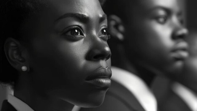 Black and white close-up of focused woman. Serious gaze directed off-camera. Soft lighting highlights her features. Elegant ear stud adds subtle detail. Background figure blurred and muted