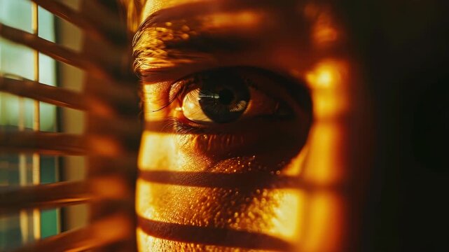 Intense gaze framed by warm, slanted sunlight. Vertical blinds cast sharp, rhythmic shadows across the face. Close-up captures a single, focused, deeply expressive eye