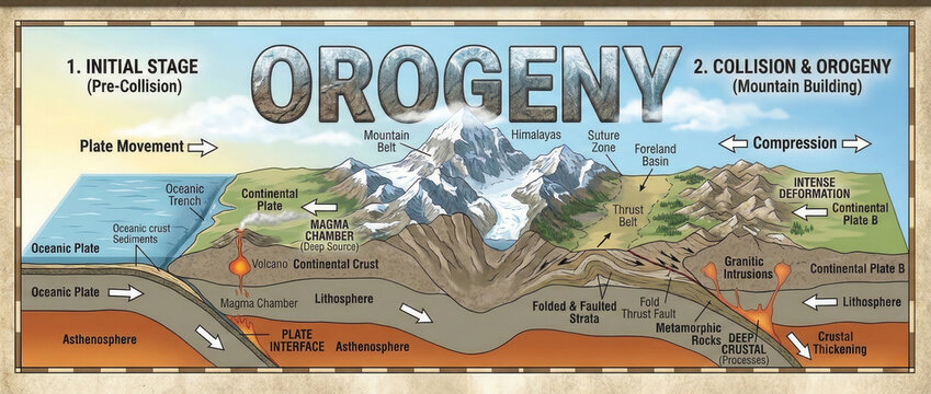 Orogeny Geology Infographic Explaining Tectonic Plate Movement Collision and Mountain Building Processes