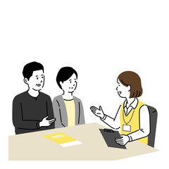 ケアマネジャーの説明を受ける中年夫婦のイラスト