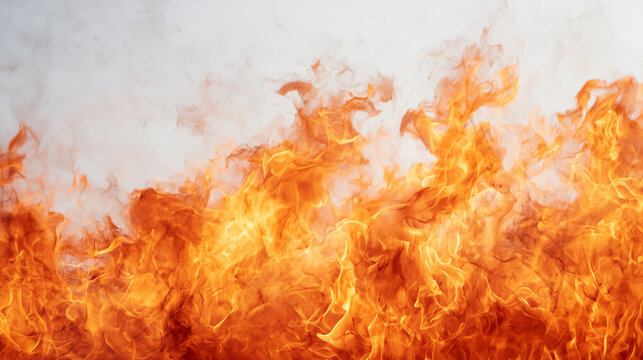 Intense orange and yellow flames with smoke rising against a light background, showcasing dynamic fire movement and heat.