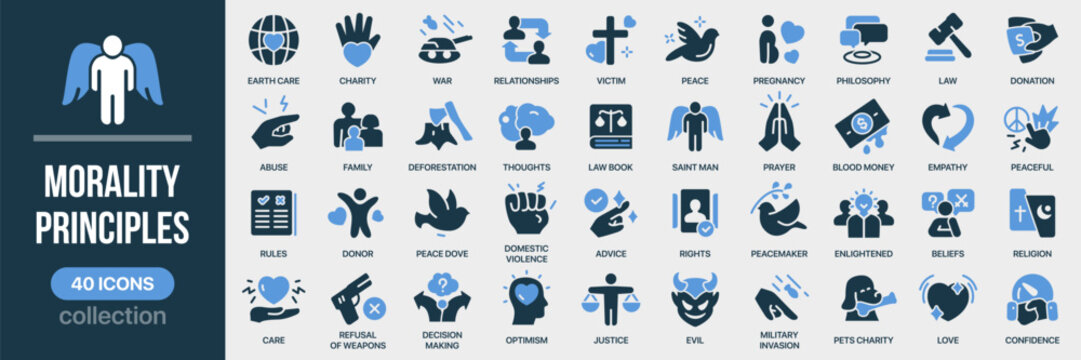 Morality and principles fill icon collection. Includes justice, charity, peace, religion, beliefs, family values and ethical decision symbols. Created in colored style with blue palette