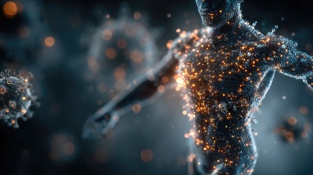 Abstract 3D visualization of digital immune system shield over a 3D human silhouette with glowing vitamin icons representing preventative biohacking and advanced wellness technology art 