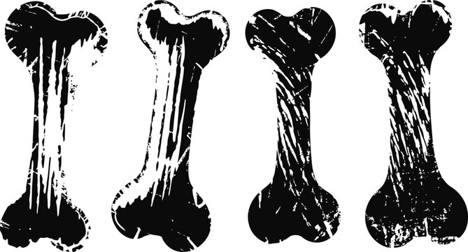 grunge black dog bones silhouettes set four textured bone shapes isolated on white background