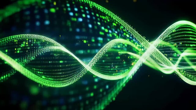Exploring digital waves and data patterns in a dark space filled with green light and binary code