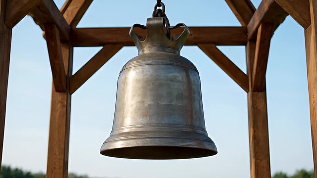 Large bronze bell suspended within a wooden structure against a bright sky