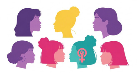 Fototapeta premium Women silhouette profiles in diverse colors on white background 