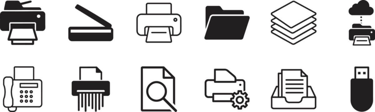 Printing and scanning documents printer icon set. Office equipment thin line vector symbols collection.