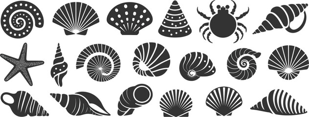 Black Sea Shell Silhouette Icon Set Featuring Various Ocean Snail Shells Starfish And Crab Graphics © Masum