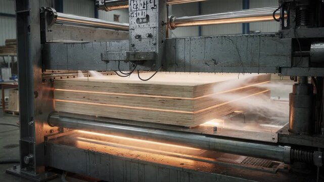 View inside an industrial press with steam vents releasing vapor as layered veneers are heated and pressed highlighting the thermal curing stage of plywood panel production.
