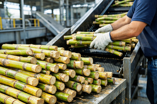 Fresh sugarcane stalks rest on a conveyor belt. Worker in gloves guides the plants through processing. Industrial factory setting shows food production steps