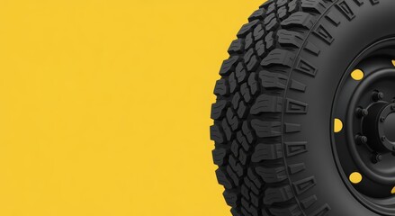 Black mud terrain tire with deep tread on yellow background for automotive advertising
