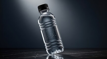 Premium Clear Plastic Water Bottle with Black Cap Tilted on Dark Reflective Marble Surface