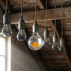 Goldfish Swimming Inside a Vintage Light Bulb Hanging from a Rustic Wooden Attic Ceiling