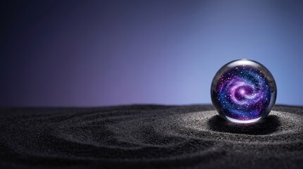 Surreal cosmic sphere with a purple galaxy inside resting on a dark patterned sand background