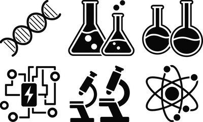 Obraz premium Science and technology silhouettes, DNA helix, chemistry flasks, microchip circuits, atomic model, microscope research, physics icons, biology illustration, innovation, education