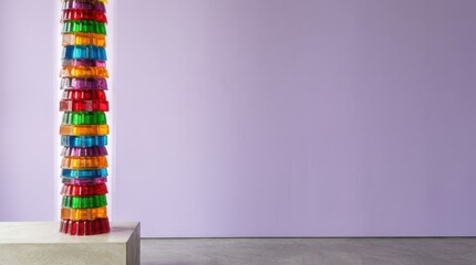 Colorful Stacked Gelatin Dessert Sculpture on Pedestal Against Purple Wall