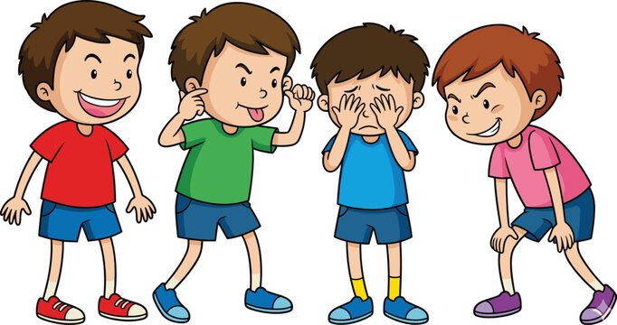 Cartoon Children Teasing and Bullying Scene Set, Kids Mocking, Laughing and Covering Eyes, School Bullying Behavior Illustration, Child Conflict Social Problem Vector