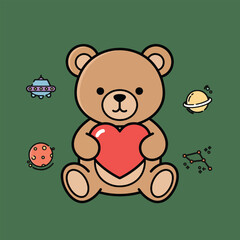 Obraz premium Cute teddy bear holding a heart surrounded by space planets and UFO.