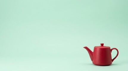 Modern Red Ceramic Teapot on Minimalist Mint Green Studio Background with Ample Negative Space