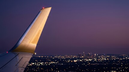 Wing of a passenger aircraft flying over illuminated city lights during evening twilight