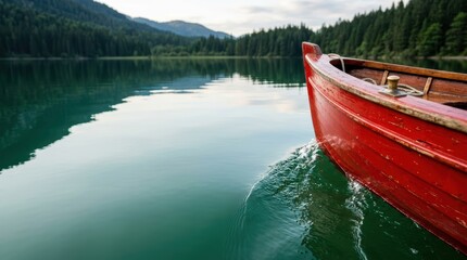Red wooden rowboat gliding on calm mountain lake water at dusk with forest reflections