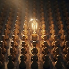 A bright glowing light bulb standing out in a crowd of wooden chess pawns on a chessboard