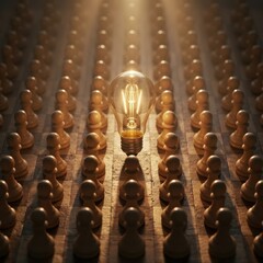 Glowing Light Bulb Centered Amidst Wooden Chess Pawns on a Large Game Board Symbolizing a Brilliant Idea