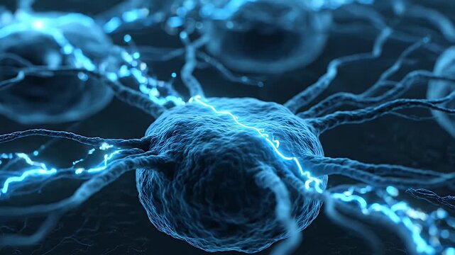 A close-up view of a glowing blue neuron shows electrical impulses firing along its branches in a dark background.