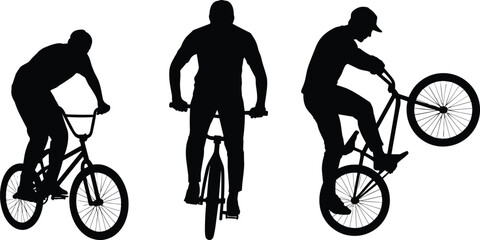 Naklejka premium Silhouette illustration of three BMX riders performing stunts and riding styles, showcasing dynamic cycling skills, extreme sports action, freestyle biking, and energetic movement design