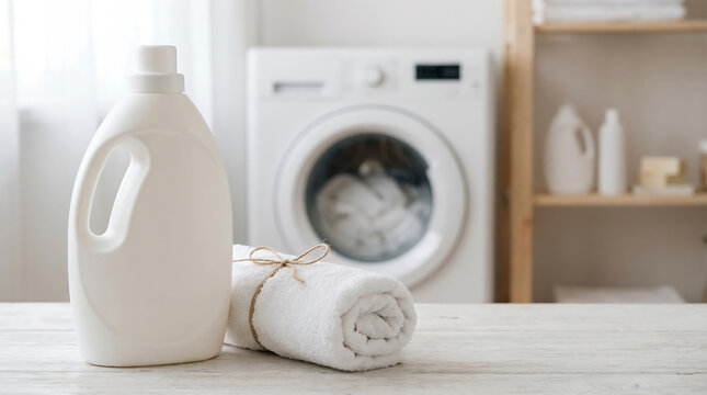 Laundry detergent bottle mockup background with rolled towel and washing machine for product display