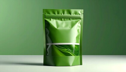 A shiny green stand-up pouch with clear window on a white surface against a green background