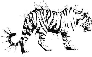 Black and white ink illustration of a tiger prowling with dynamic splatter and brushstroke effects