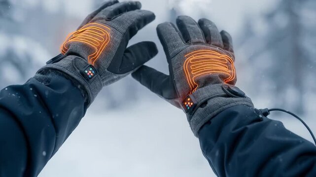 Medium frame showing hands in warm batterypowered heated gloves focusing on flexible heating wires and smart control buttons during winter activity.