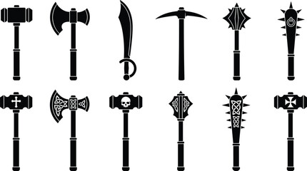 Fantasy medieval weapons icons collection featuring battle axes, war hammers, mace and scimitar in bold black silhouette symbol set © World_Of_Vector