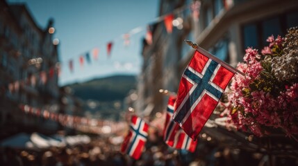 Celebration during national day in Norway with flags and decorations in a street scene