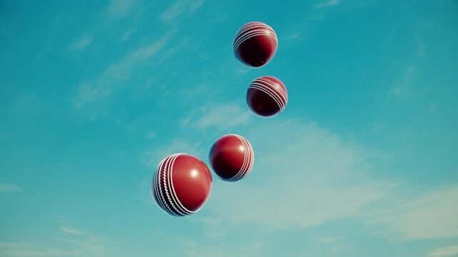 Multiple cricket balls thrown into blue sky sports motion background with alpha channel overlay ready horizontal 4K footage