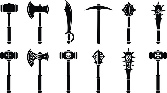 Fantasy medieval weapons icons collection featuring battle axes, war hammers, mace and scimitar in bold black silhouette symbol set