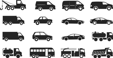 Silhouette illustration of sixteen different vehicles in grid layout, including cars, trucks, vans, SUVs, buses, and specialized transport icons, transportation design reference collection © Umme