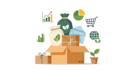 Sustainable E-commerce and Green Business Concept. Eco-Friendly Products, Packaging, Global Environmental Responsibility, Growth Analytics, and Logistics.
