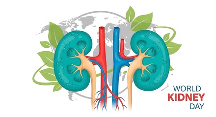Obraz premium World kidney day awareness illustration with human kidney anatomy and green leaves