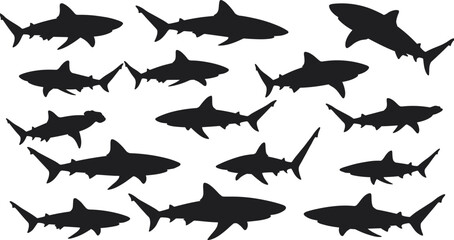 Silhouette set of sharks in various swimming poses, black ocean predator vector collection for marine, underwater, sea life design themes