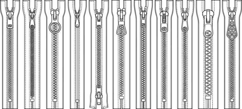 Set of zipper types technical fashion illustration with different zipper sliders teeth styles for garment sewing design reference
