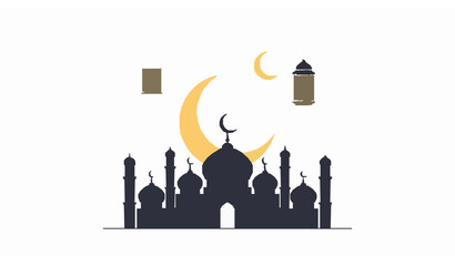 Islamic mosque with crescent moon and Ramadan lanterns minimalist Ramadan Kareem vector illustration