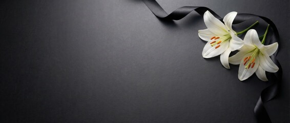 Elegant white lilies with black ribbon on dark background floral arrangement for events minimalist design studio setting focus on texture and contrast
