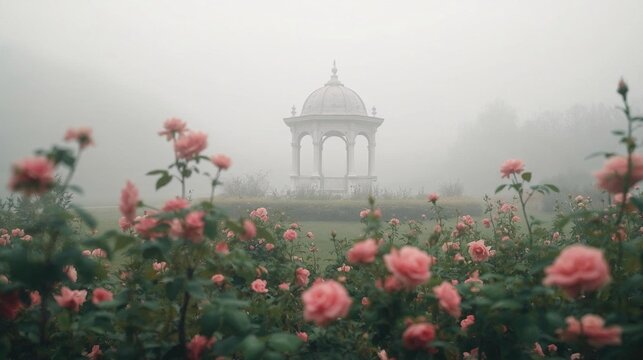 Romantic Gazebo in Foggy Rose Garden. Ethereal Regency Era Landscape with White Rotunda and Blooming Pink Roses in Misty Morning Light