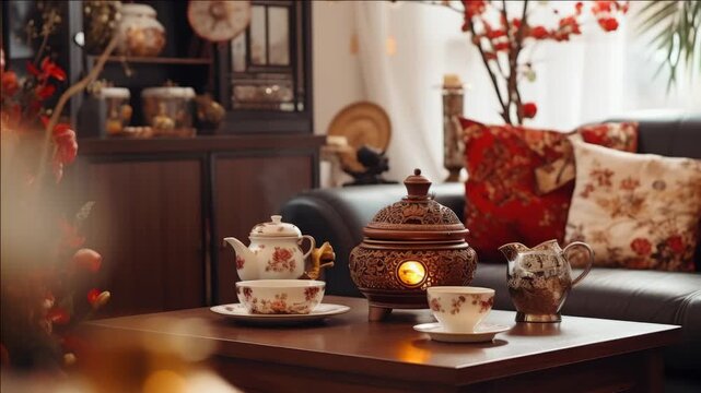 Warm tea set glows softly on polished wood. Red floral cushions add cozy contrast to dark sofa. Hand-carved lantern casts gentle light across the scene