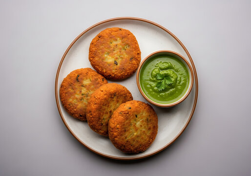 Crispy golden fried potato cutlets or aloo tikki served on a plate with fresh green mint chutney. Popular Indian street food snack and appetizer, perfect for traditional vegetarian cuisine photography